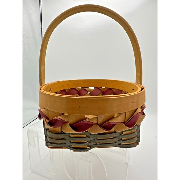 Vintage Handwoven Wood Basket w/ Burgundy Ribbon Trim – 8x7 Oval Carry Basket - Picture 2 of 6